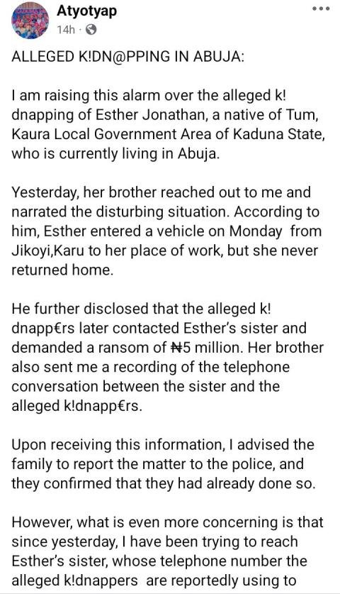Photo: Woman reportedly kidnapped on her way to work in Abuja