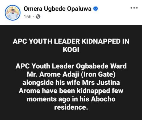 Photo: APC youth leader and his wife reportedly kidnapped in Kogi