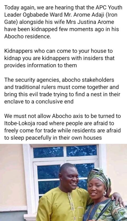 Photo: APC youth leader and his wife reportedly kidnapped in Kogi