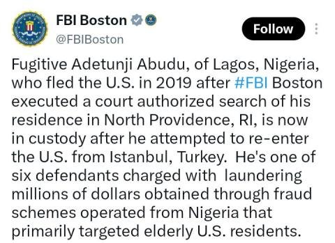 Photo: Wanted Nigerian fugitive charged in fraud scheme arrested at U.S airport after seven years on the run