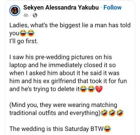 Photo: Nigerian woman reveals how she discovered that a man she was dating is getting married to another lady